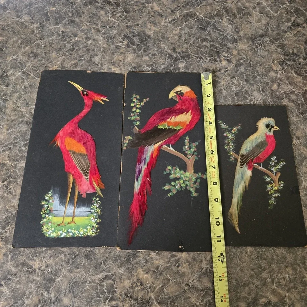 Vintage Mexican Feathercraft Bird Art Set 3 Real Feathers Folk Art Wall Decor
